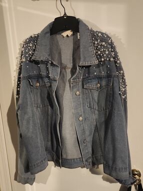 Light Blue Pearl-Embellished Denim Jacket - Women